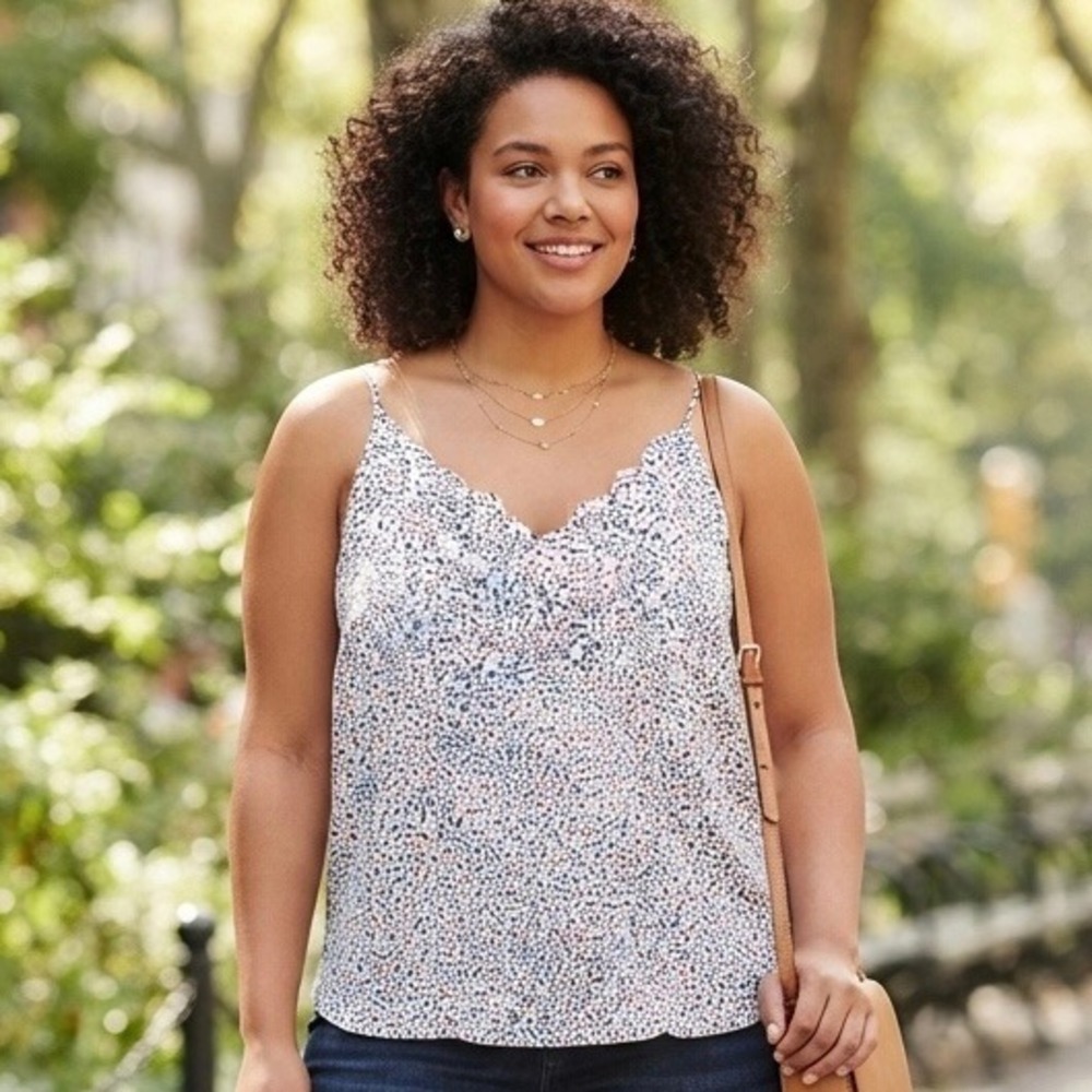 Loft Outlet Women Large Scalloped V-Neck Cami Top Abstract Polka Dot Print Racer